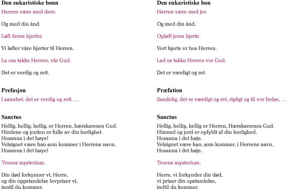 Prefasjon I sannhet, det er verdig og rett, Præfation Sandelig, det er værdigt og ret, rigtigt og til vor frelse, Sanctus Hellig, hellig, hellig, er Herren, hærskarenes Gud.