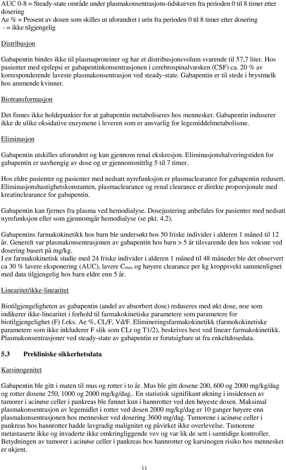 Hos pasienter med epilepsi er gabapentinkonsentrasjonen i cerebrospinalvæsken (CSF) ca. 20 % av korresponderende laveste plasmakonsentrasjon ved steady-state.