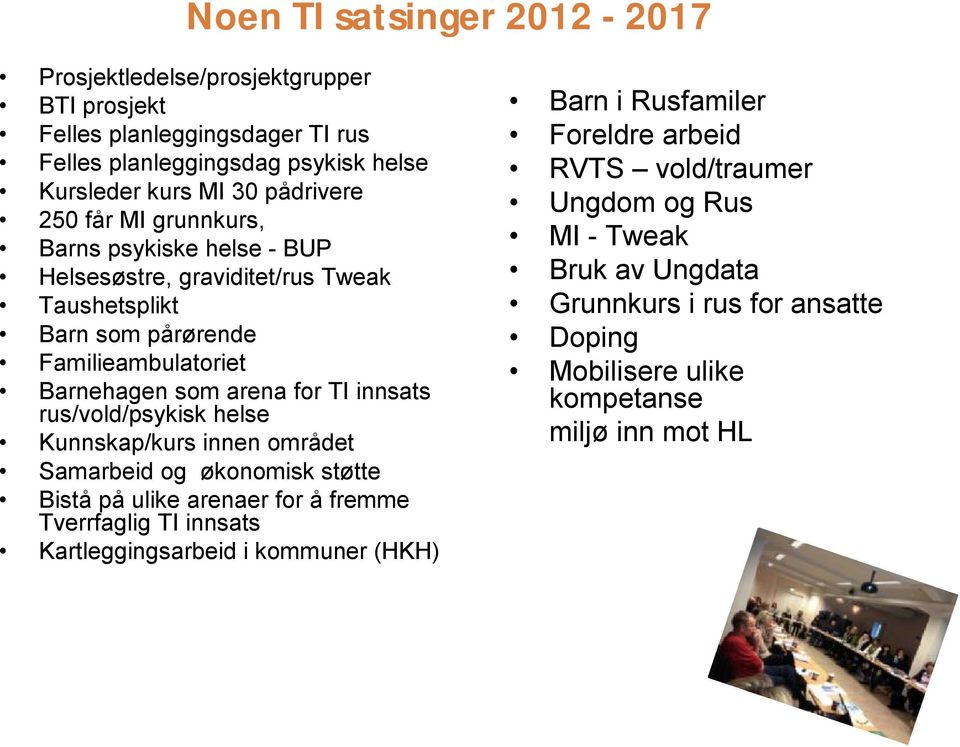 rus/vold/psykisk helse Kunnskap/kurs innen området Samarbeid og økonomisk støtte Bistå på ulike arenaer for å fremme Tverrfaglig TI innsats Kartleggingsarbeid i kommuner (HKH)