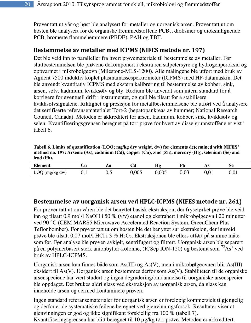 Bestemmelse av metaller med ICPMS (NIFES metode nr. 197) Det ble veid inn to paralleller fra hvert prøvemateriale til bestemmelse av metaller.