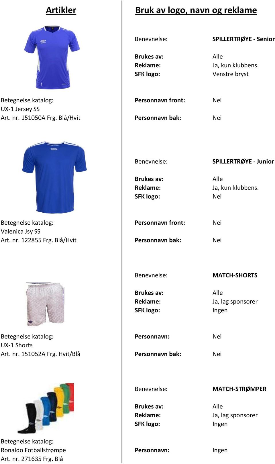 nr. 122855 Frg. Blå/Hvit Personnavn bak: Nei MATCH-SHORTS Ja, lag sponsorer Personnavn: Nei UX-1 Shorts Art. nr.