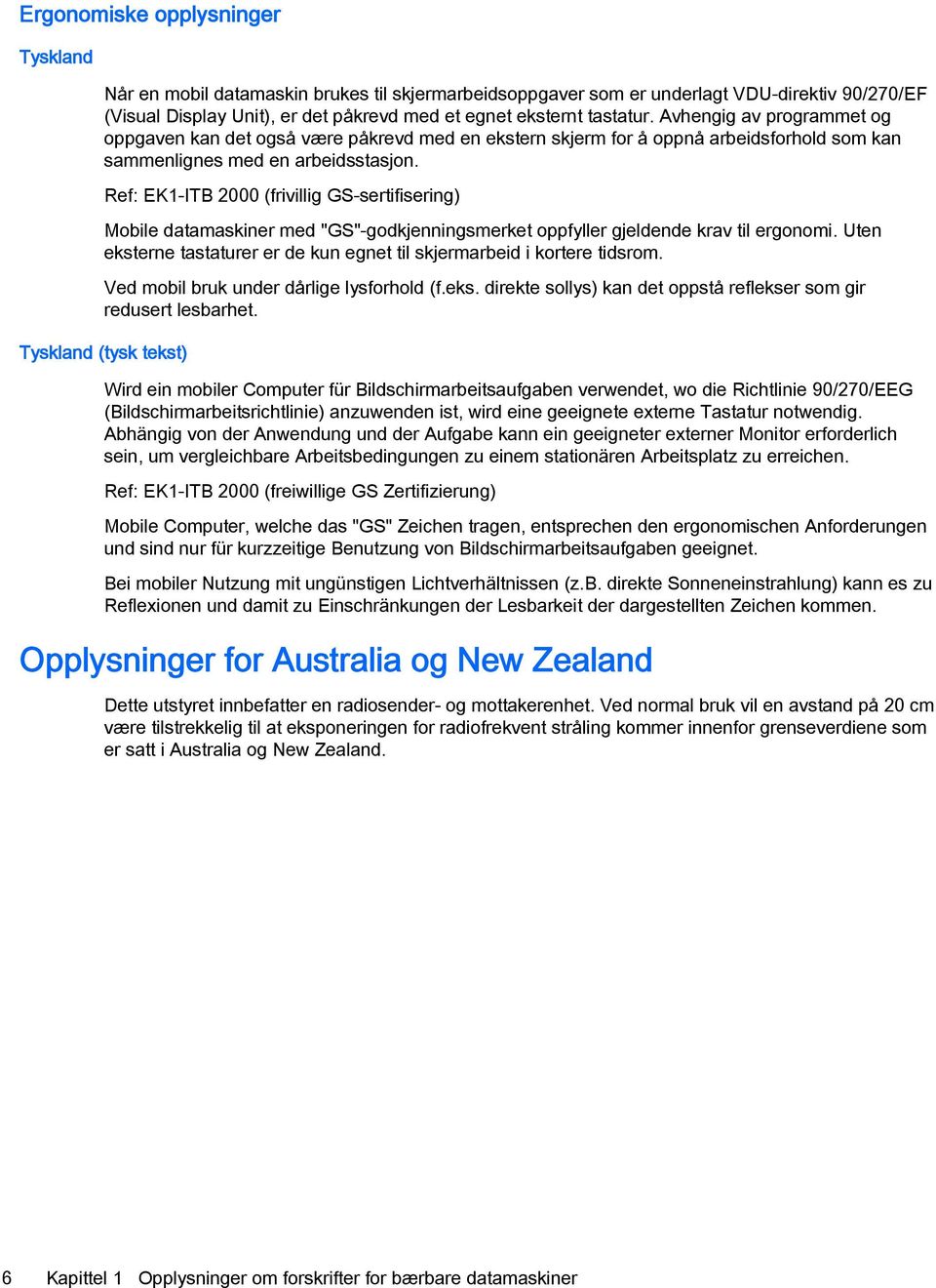 Ref: EK1-ITB 2000 (frivillig GS-sertifisering) Mobile datamaskiner med "GS"-godkjenningsmerket oppfyller gjeldende krav til ergonomi.