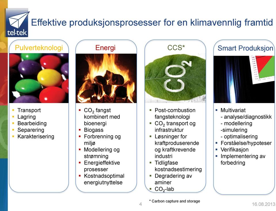 fangsteknologi CO 2 transport og infrastruktur Løsninger for kraftproduserende og kraftkrevende industri Tidligfase kostnadsestimering Degradering av aminer CO 2 -lab