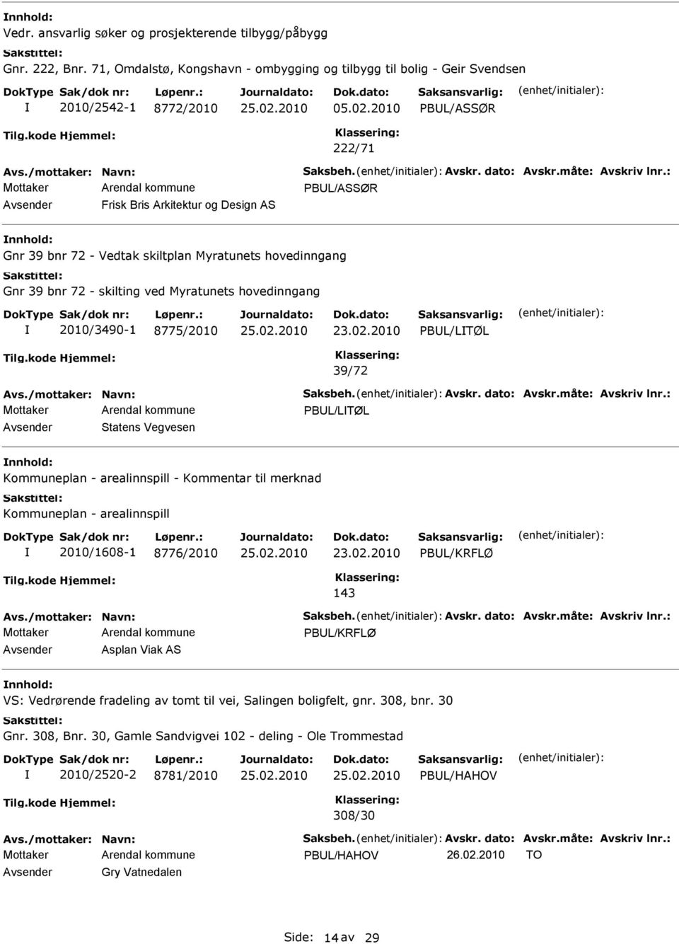 23.02.2010 PBL/LTØL 39/72 PBL/LTØL Statens Vegvesen Kommuneplan - arealinnspill - Kommentar til merknad Kommuneplan - arealinnspill 2010/1608-1 8776/2010 23.02.2010 PBL/KRFLØ 143 PBL/KRFLØ Asplan Viak AS VS: Vedrørende fradeling av tomt til vei, Salingen boligfelt, gnr.