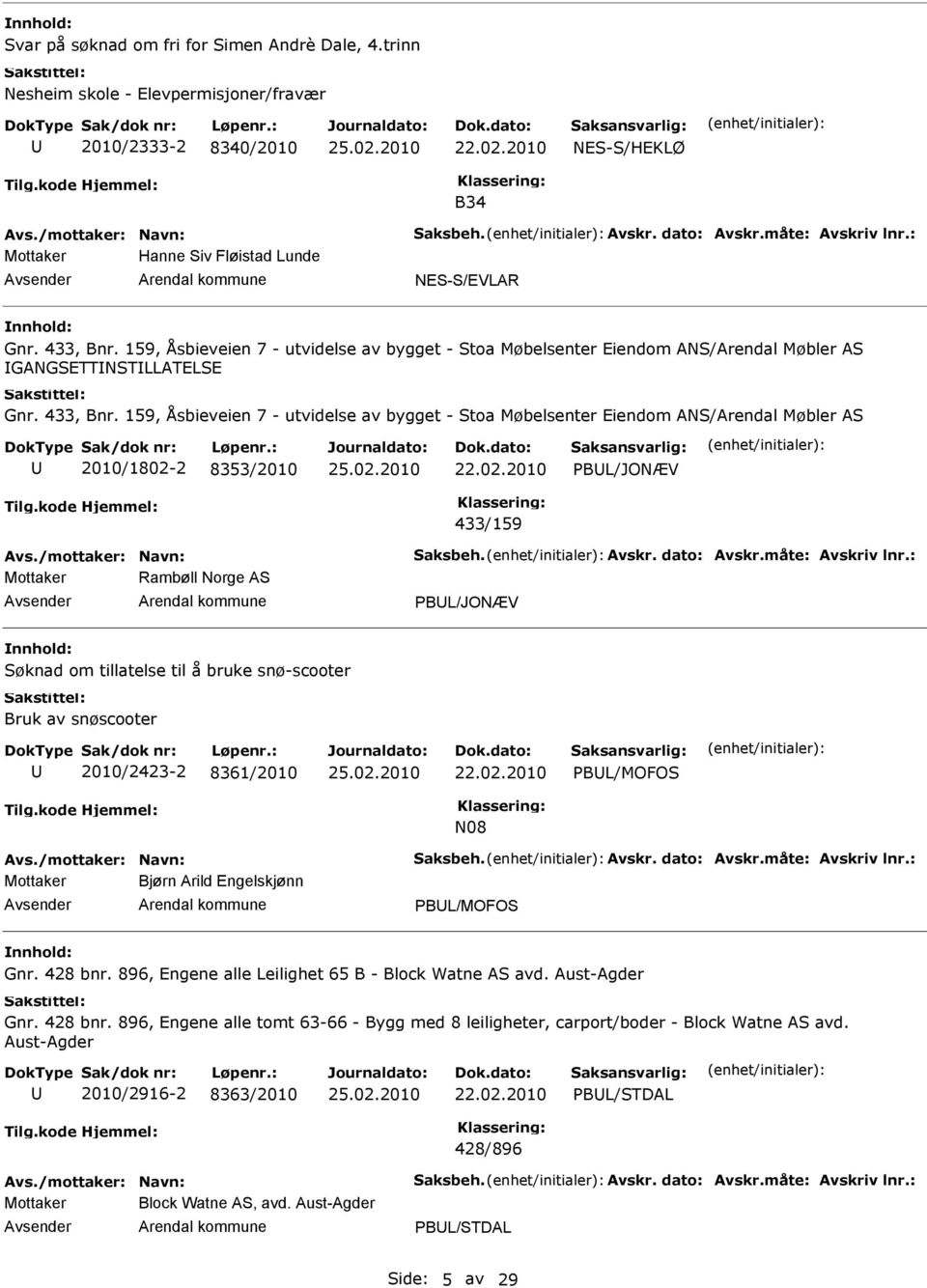 159, Åsbieveien 7 - utvidelse av bygget - Stoa Møbelsenter Eiendom ANS/Arendal Møbler AS 2010/1802-2 8353/2010 PBL/JONÆV 433/159 Mottaker Rambøll Norge AS PBL/JONÆV Søknad om tillatelse til å bruke