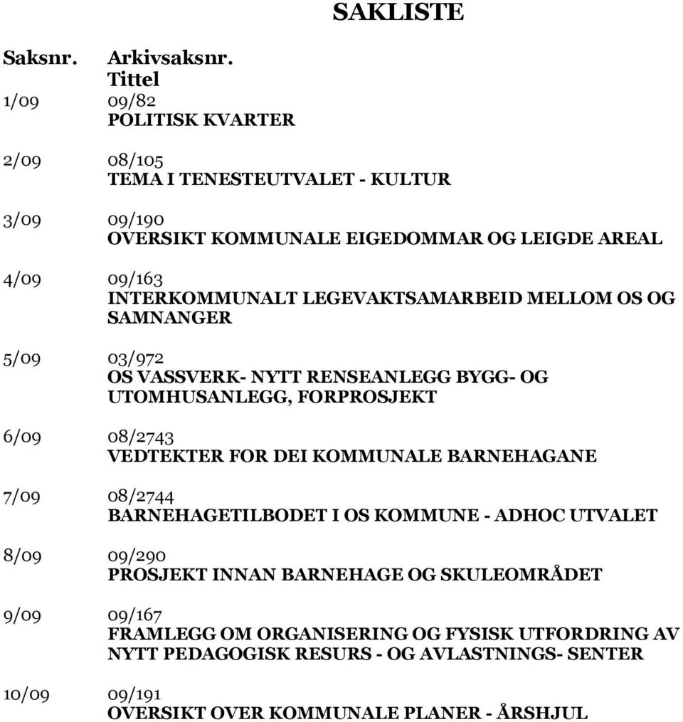 INTERKOMMUNALT LEGEVAKTSAMARBEID MELLOM OS OG SAMNANGER 5/09 03/972 OS VASSVERK- NYTT RENSEANLEGG BYGG- OG UTOMHUSANLEGG, FORPROSJEKT 6/09 08/2743 VEDTEKTER