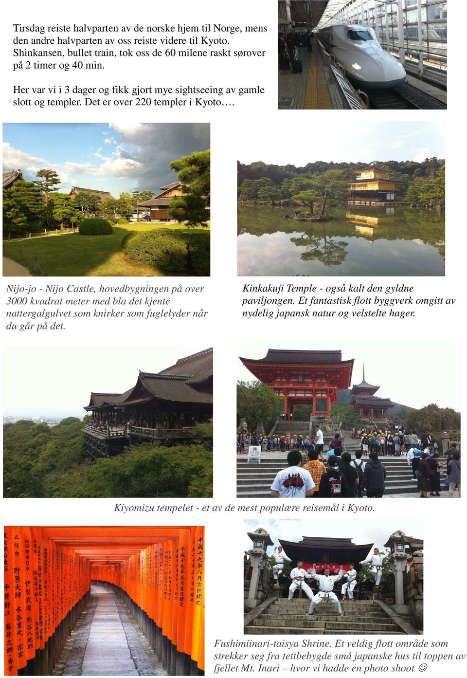 Nijo-jo - Nijo Castle, hovedbygningen på over 3000 kvadrat meter med bla det kjente nattergalgulvet som knirker som fuglelyder når du går på det. Kinkakuji Temple - også kalt den gyldne paviljongen.