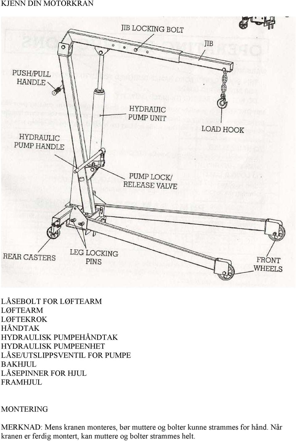FOR HJUL FRAMHJUL MONTERING MERKNAD: Mens kranen monteres, bør muttere og bolter