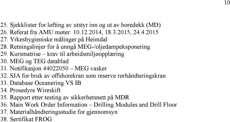 MEG og TEG datablad 31. Notifikasjon 44022050 MEG vasker 32. SJA for bruk av offshorekran som reserve rørhåndteringskran 33. Database Oceanering VS IB 34.