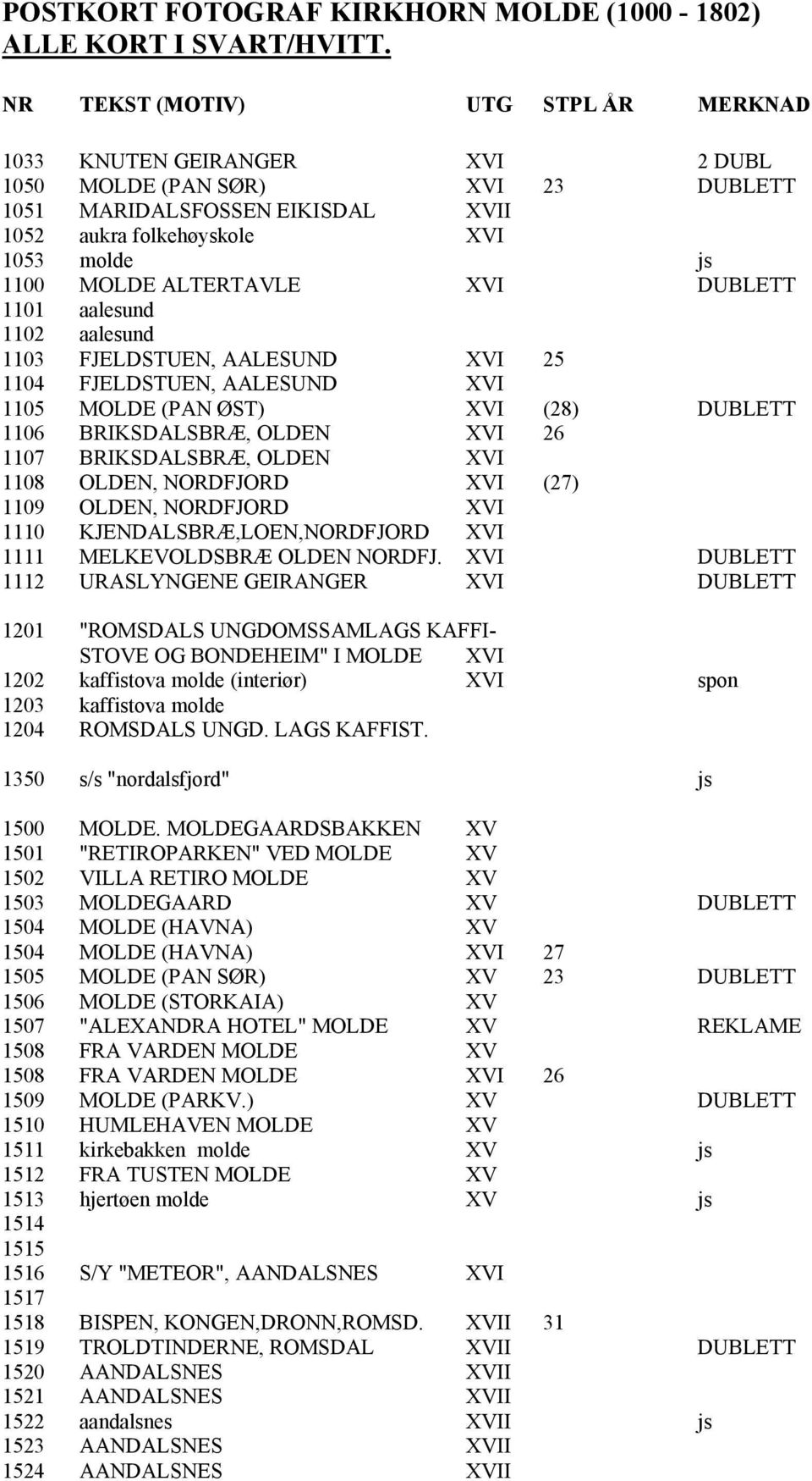 ALTERTAVLE XVI DUBLETT 1101 aalesund 1102 aalesund 1103 FJELDSTUEN, AALESUND XVI 25 1104 FJELDSTUEN, AALESUND XVI 1105 MOLDE (PAN ØST) XVI (28) DUBLETT 1106 BRIKSDALSBRÆ, OLDEN XVI 26 1107