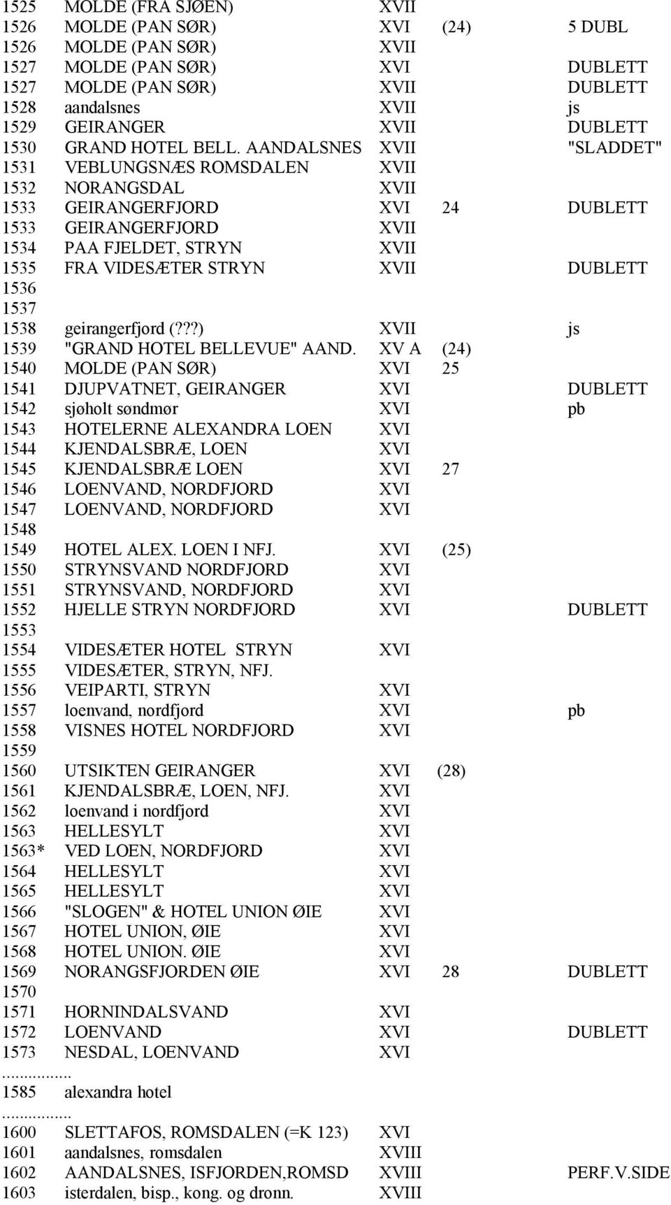 AANDALSNES XVII "SLADDET" 1531 VEBLUNGSNÆS ROMSDALEN XVII 1532 NORANGSDAL XVII 1533 GEIRANGERFJORD XVI 24 DUBLETT 1533 GEIRANGERFJORD XVII 1534 PAA FJELDET, STRYN XVII 1535 FRA VIDESÆTER STRYN XVII