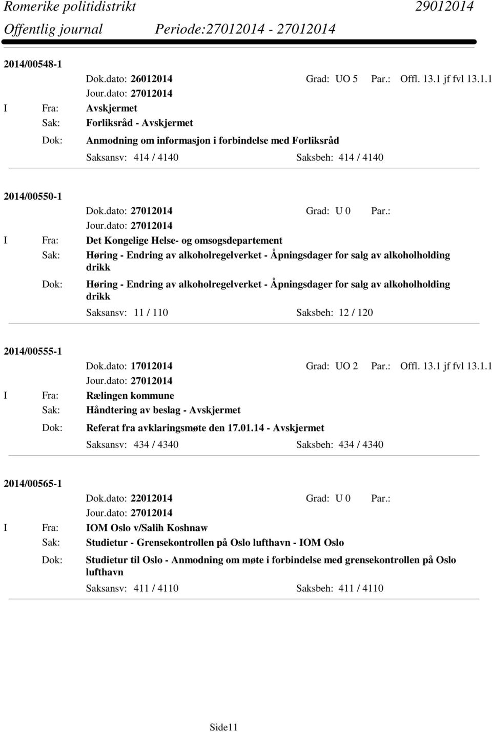 Åpningsdager for salg av alkoholholding drikk Saksansv: 11 / 110 Saksbeh: 12 / 120 2014/00555-1 Dok.dato: 17012014 Grad: UO 2 Par.: Offl. 13.1 jf fvl 13.1.1 I Fra: Rælingen kommune Sak: Håndtering av beslag - Avskjermet Referat fra avklaringsmøte den 17.