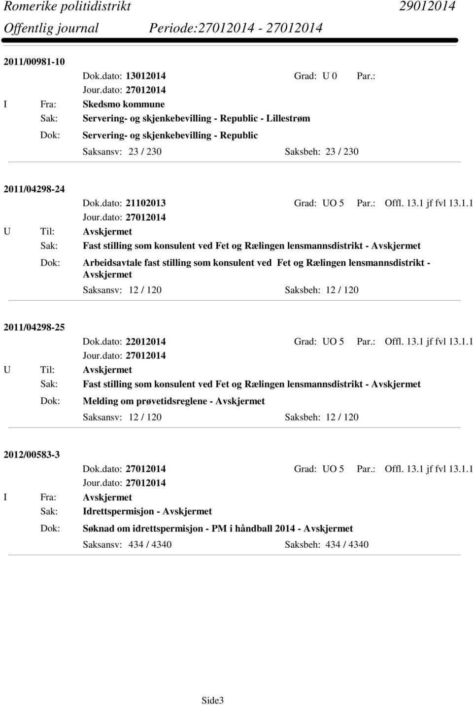 02013 Grad: UO 5 Par.: Offl. 13.1 jf fvl 13.1.1 U Til: Avskjermet Sak: Fast stilling som konsulent ved Fet og Rælingen lensmannsdistrikt - Avskjermet Arbeidsavtale fast stilling som konsulent ved Fet