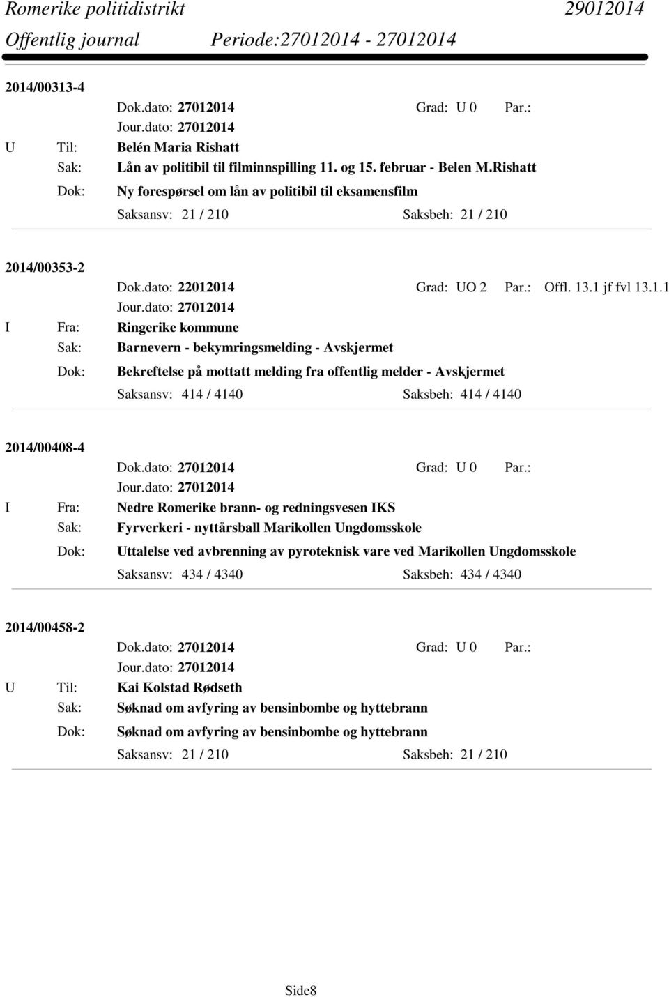 / 210 Saksbeh: 21 / 210 2014/00353-2 Dok.dato: 22012014 Grad: UO 2 Par.: Offl. 13.1 jf fvl 13.1.1 I Fra: Ringerike kommune Sak: Barnevern - bekymringsmelding - Avskjermet Bekreftelse på mottatt