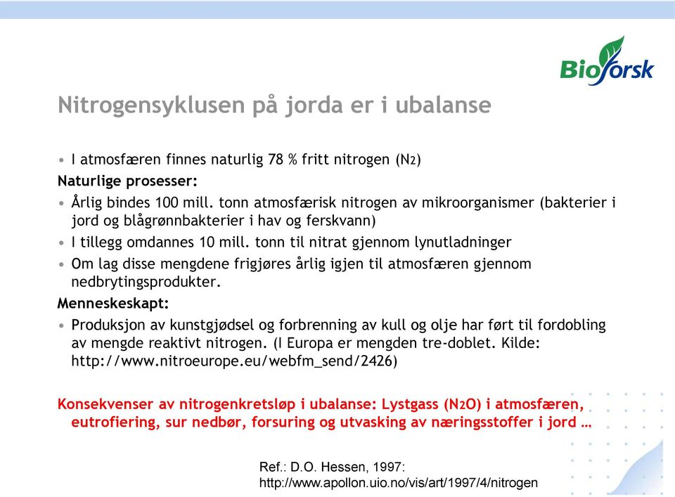 tonn til nitrat gjennom lynutladninger Om lag disse mengdene frigjøres årlig igjen til atmosfæren gjennom nedbrytingsprodukter.