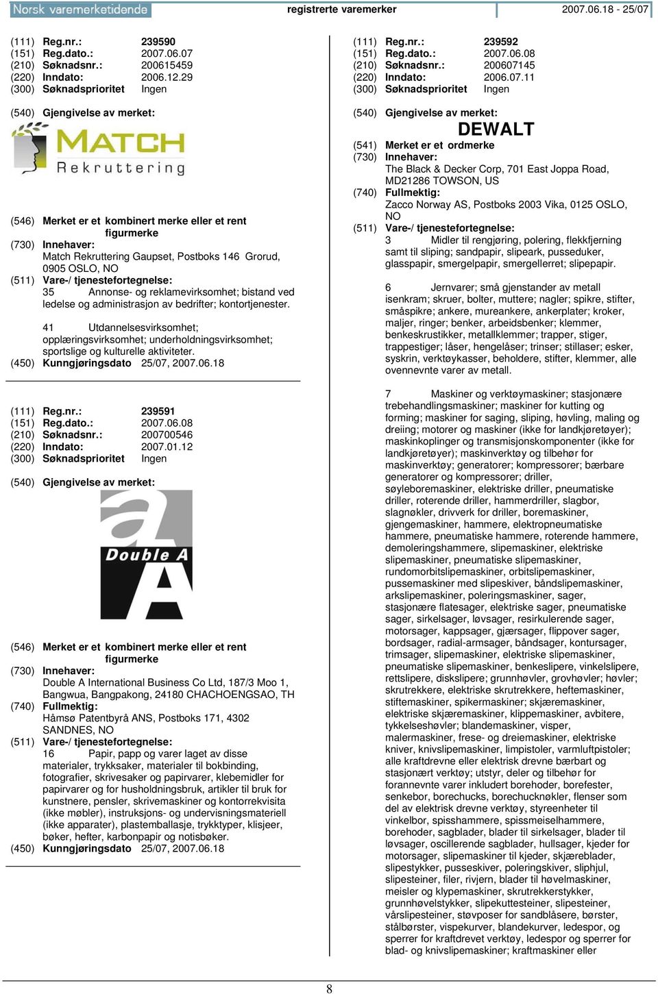 bedrifter; kontortjenester. 41 Utdannelsesvirksomhet; opplæringsvirksomhet; underholdningsvirksomhet; sportslige og kulturelle aktiviteter. (111) Reg.nr.: 239591 (151) Reg.dato.: 2007.06.