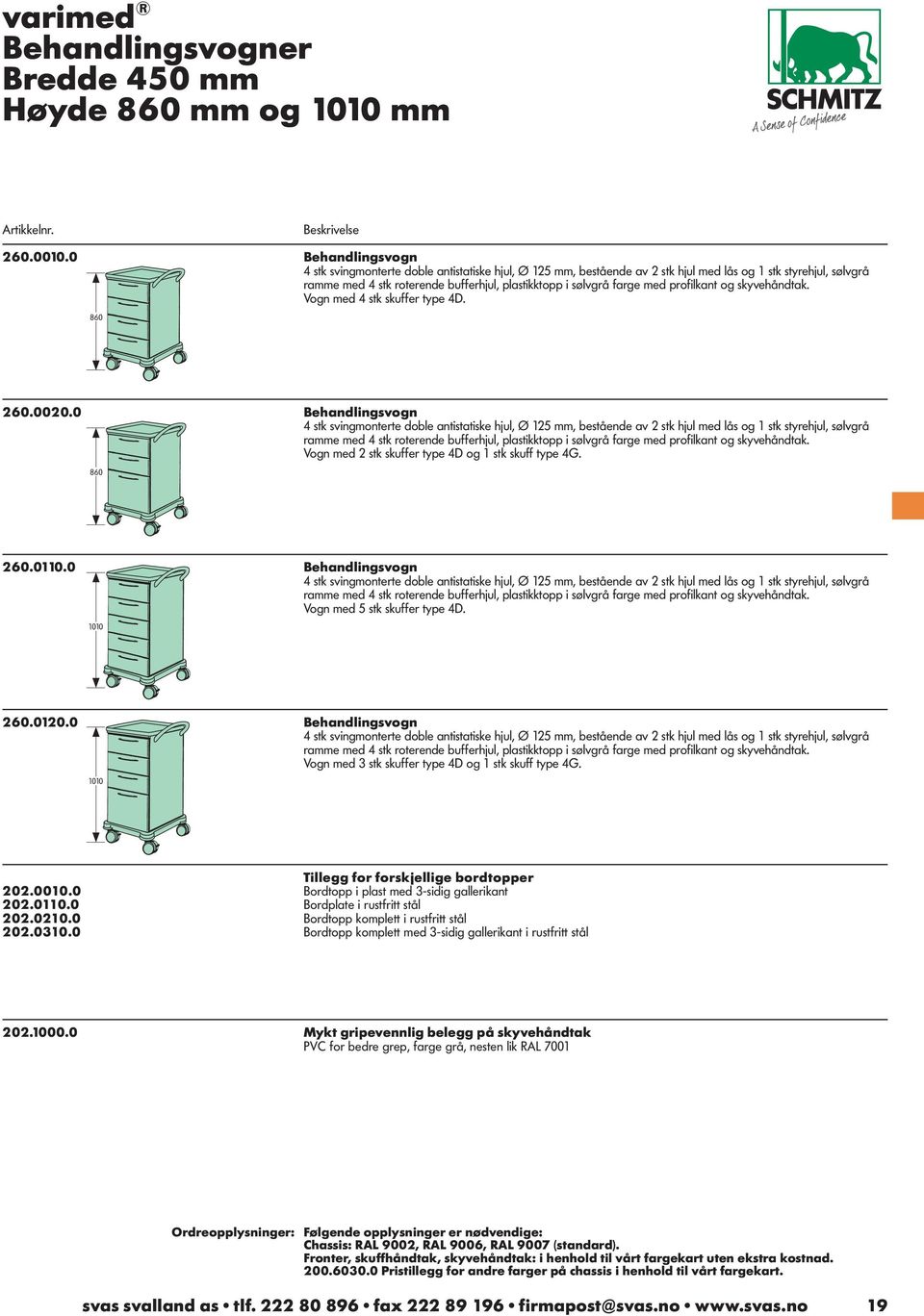 0 Behandlingsvogn Vogn med 3 stk skuffer type 4D og 1 stk skuff type 4G. 1010 Tillegg for forskjellige bordtopper 202.0010.0 Bordtopp i plast med 3-sidig gallerikant 202.0110.