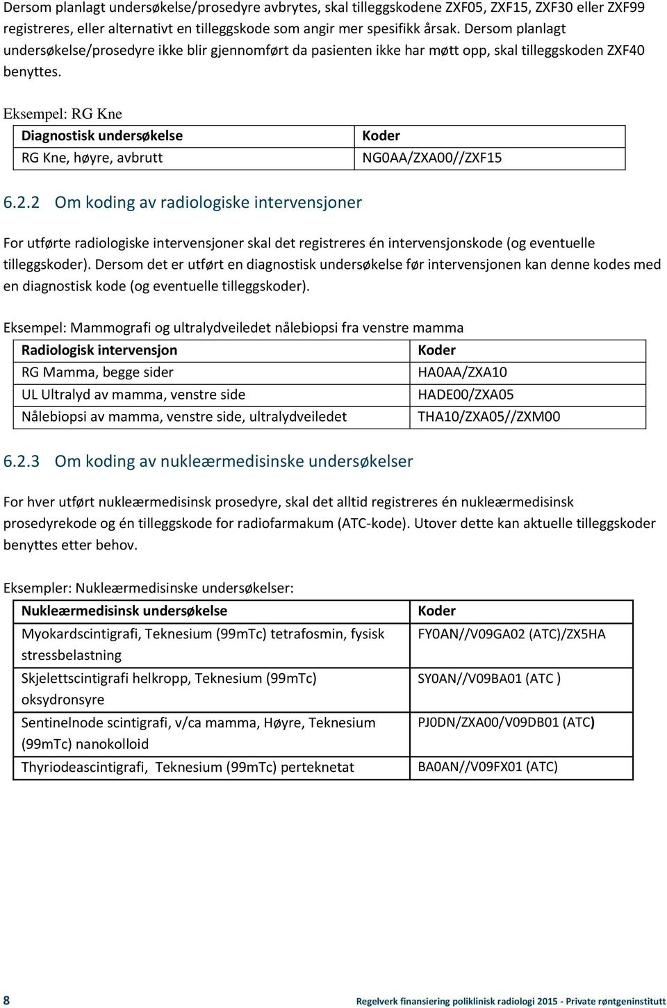 Eksempel: RG Kne Diagnostisk undersøkelse RG Kne, høyre, avbrutt Koder NG0AA/ZXA00//ZXF15 6.2.
