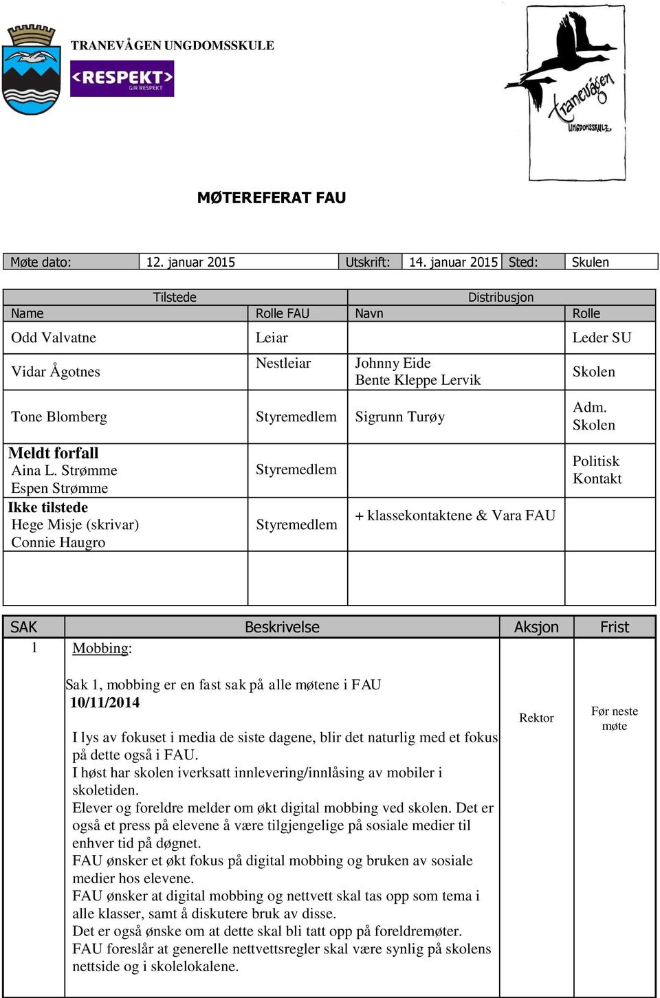 Meldt forfall Aina L. Strømme Espen Strømme Ikke tilstede Hege Misje (skrivar) Connie Haugro Styremedlem Styremedlem + klassekontaktene & Vara FAU Skolen Adm.