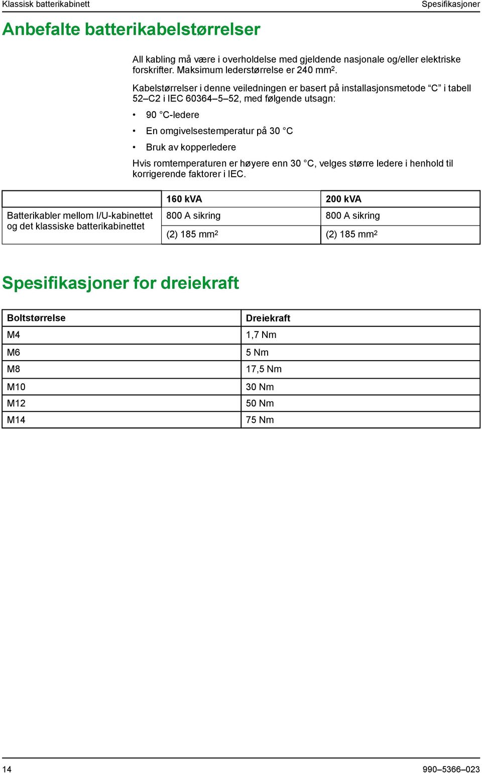 Kabelstørrelser i denne veiledningen er basert på installasjonsmetode C i tabell 52 C2 i IEC 60364 5 52, med følgende utsagn: 90 C-ledere En omgivelsestemperatur på 30 C Bruk av kopperledere