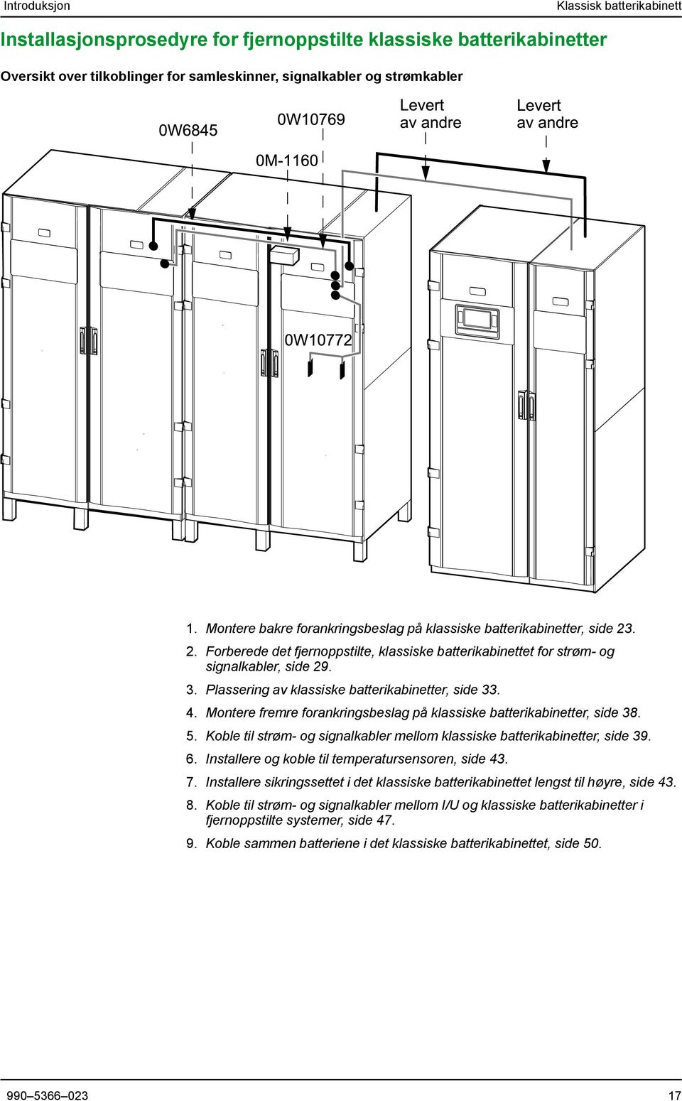 Plassering av klassiske batterikabinetter, side 33. 4. Montere fremre forankringsbeslag på klassiske batterikabinetter, side 38. 5.
