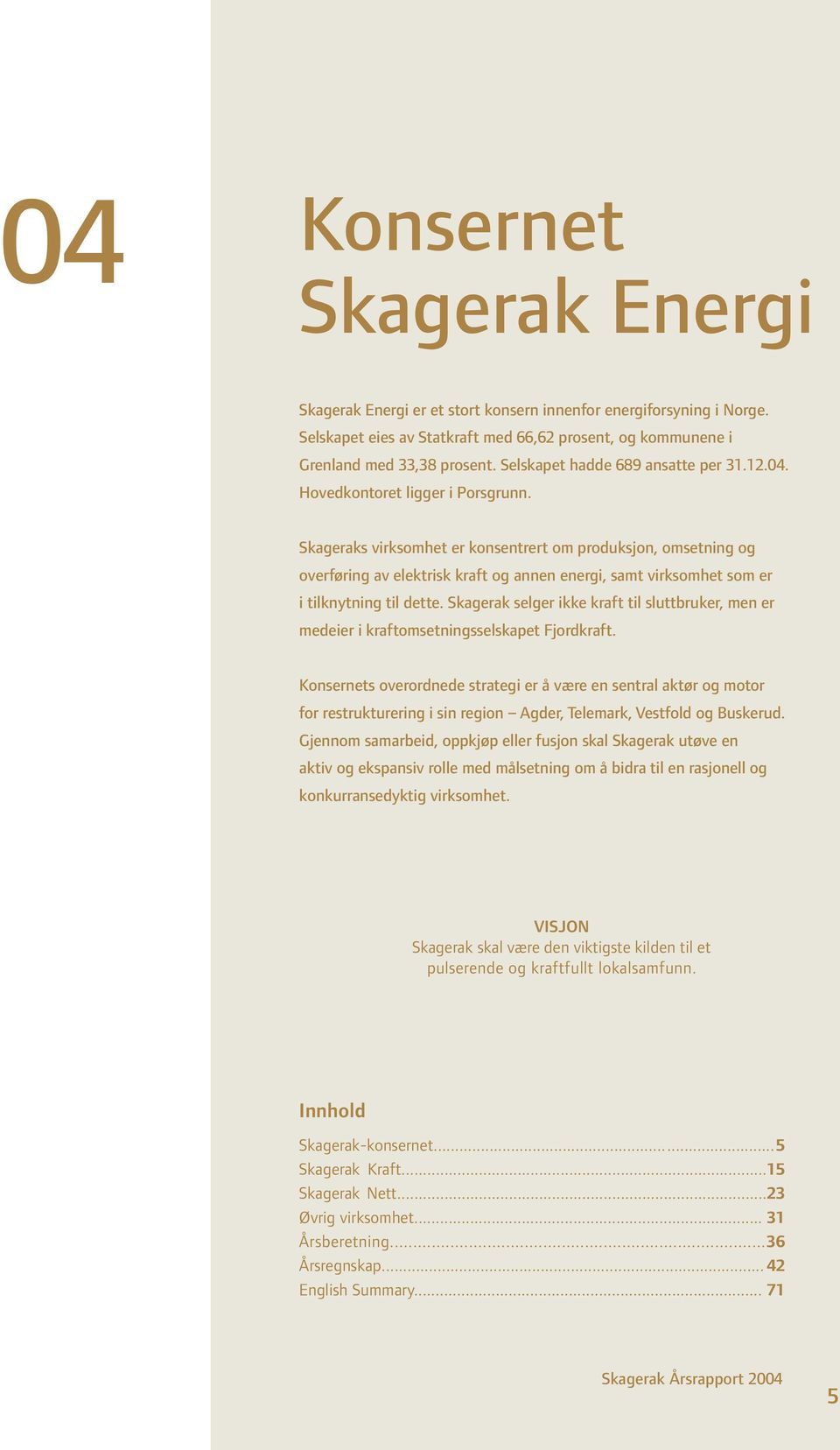 Skageraks virksomhet er konsentrert om produksjon, omsetning og overføring av elektrisk kraft og annen energi, samt virksomhet som er i tilknytning til dette.