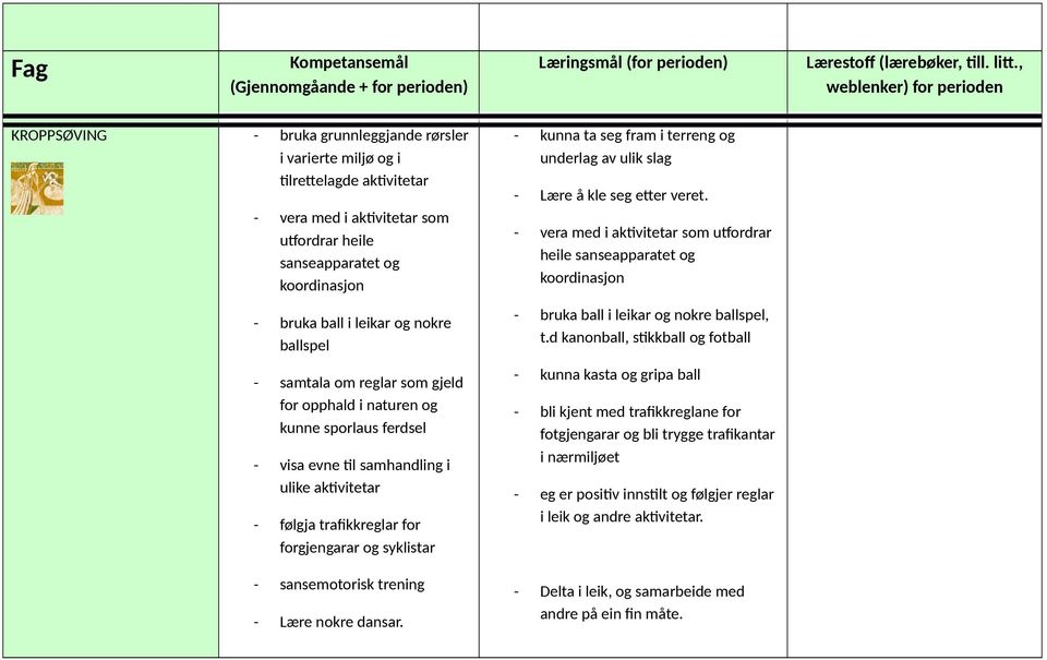 ballspel - samtala om reglar som gjeld for opphald i naturen og kunne sporlaus ferdsel - visa evne til samhandling i ulike aktivitetar - følgja trafikkreglar for forgjengarar og syklistar -