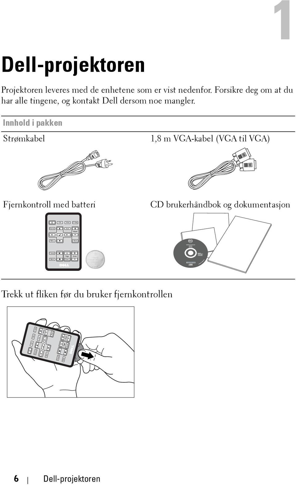 Innhold i pakken Strømkabel 1,8 m VGA-kabel (VGA til VGA) Fjernkontroll med batteri CD brukerhåndbok og dokumentasjon VGA