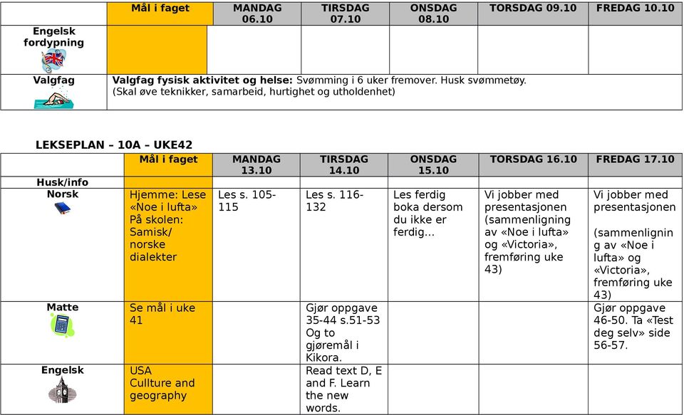 uke 41 USA Cullture and geography Les s. 105-115 Les s. 116-132 35-44 s.51-53 Og to gjøremål i Kikora. Read text D, E and F. Learn the new words.