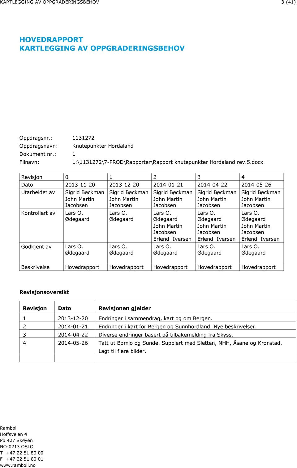 docx Revisjon 0 1 2 3 4 Dato 2013-11-20 2013-12-20 2014-01-21 2014-04-22 2014-05-26 Utarbeidet av Sigrid Bøckman John Martin Jacobsen Kontrollert av Lars O. Ødegaard Godkjent av Lars O.