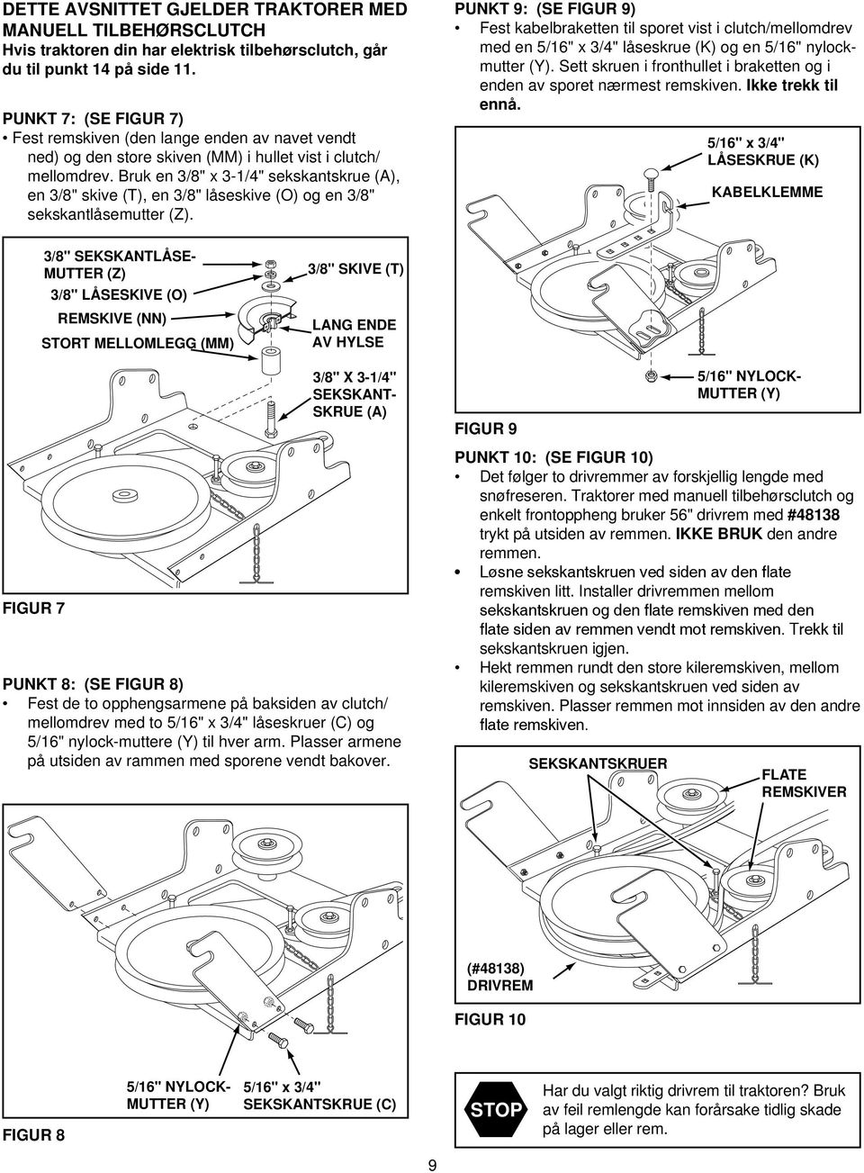 Bruk en 3/8" x 3-1/4" sekskantskrue (A), en 3/8" skive (T), en 3/8" låseskive (O) og en 3/8" sekskantlåsemutter (Z).