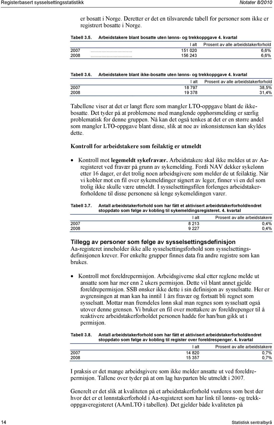 kvartal I alt Prosent av alle arbeidstakerforhold 2007 18 797 38,5% 2008 19 378 31,4% Tabellene viser at det er langt flere som mangler LTO-oppgave blant de ikkebosatte.