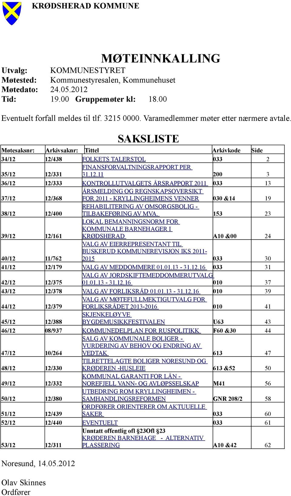 SAKSLISTE Møtesaksnr: 34/12 35/12 36/12 37/12 38/12 39/12 40/12 41/12 42/12 43/12 44/12 45/12 46/12 47/12 48/12 49/12 50/12 51/12 52/12 53/12 Arkivsaknr: Tittel Arkivkode 12/438 FOLKETS TALERSTOL 033