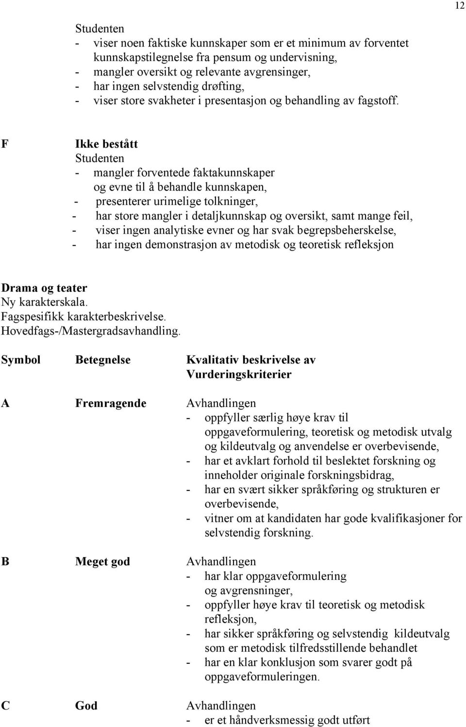 F Ikke bestått Studenten - mangler forventede faktakunnskaper og evne til å behandle kunnskapen, - presenterer urimelige tolkninger, - har store mangler i detaljkunnskap og oversikt, samt mange feil,