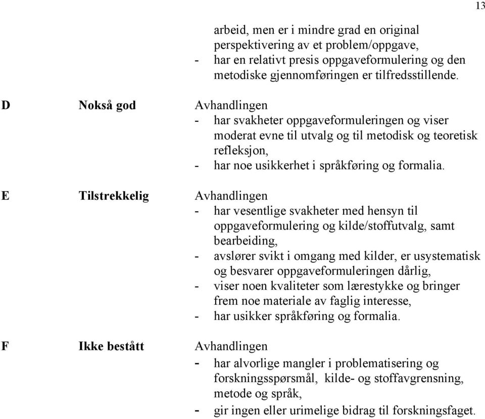 E Tilstrekkelig Avhandlingen - har vesentlige svakheter med hensyn til oppgaveformulering og kilde/stoffutvalg, samt bearbeiding, - avslører svikt i omgang med kilder, er usystematisk og besvarer