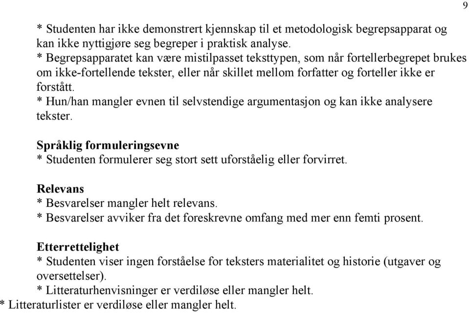 * Hun/han mangler evnen til selvstendige argumentasjon og kan ikke analysere tekster. Språklig formuleringsevne * Studenten formulerer seg stort sett uforståelig eller forvirret.