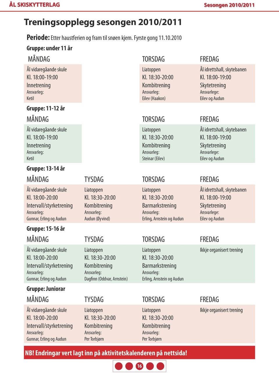 18:00-19:00 Innetrening Ketil Gruppe: 13-14 år Kombitrening Steinar (Eilev) MÅNDAG TYSDAG TORSDAG FREDAG Ål vidaregåande skule Kl.
