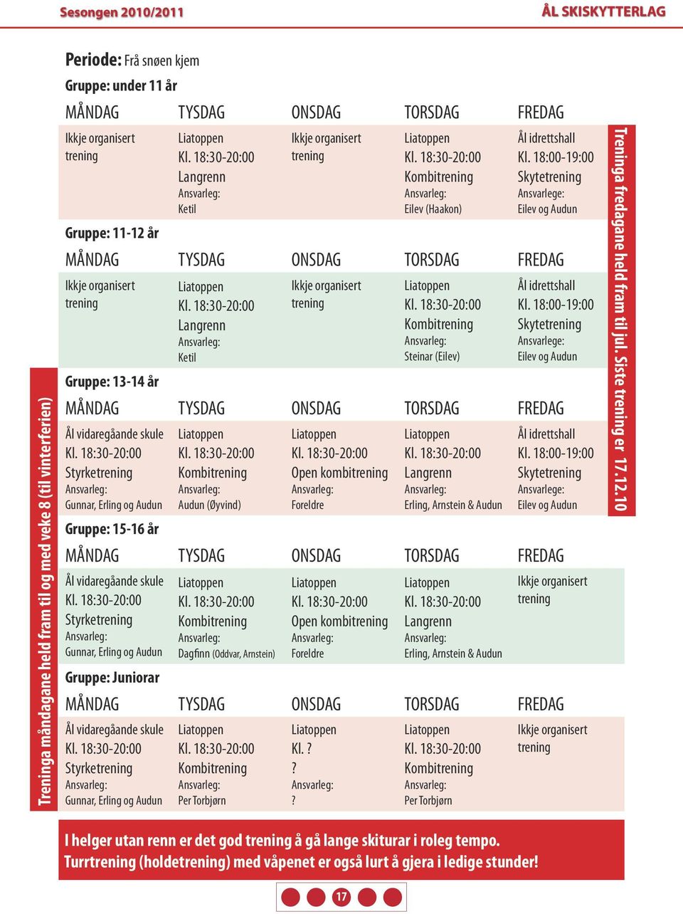 18:00-19:00 Skytetrening Ansvarlege: Eilev og Audun MÅNDAG TYSDAG ONSDAG TORSDAG FREDAG Ikkje organisert trening Gruppe: 13-14 år Langrenn Ketil Ikkje organisert trening Kombitrening Steinar (Eilev)