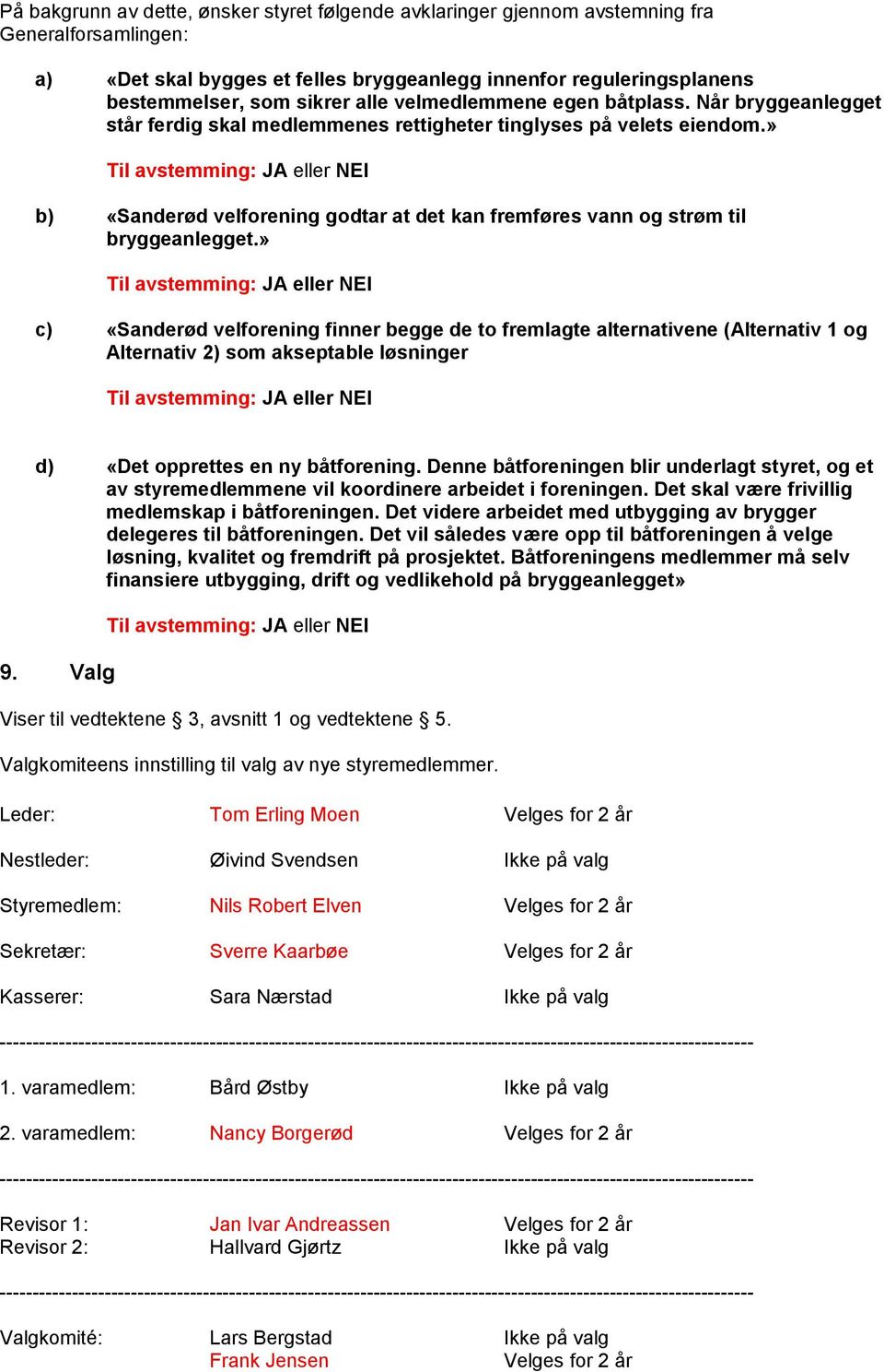 » Til avstemming: JA eller NEI b) «Sanderød velforening godtar at det kan fremføres vann og strøm til bryggeanlegget.