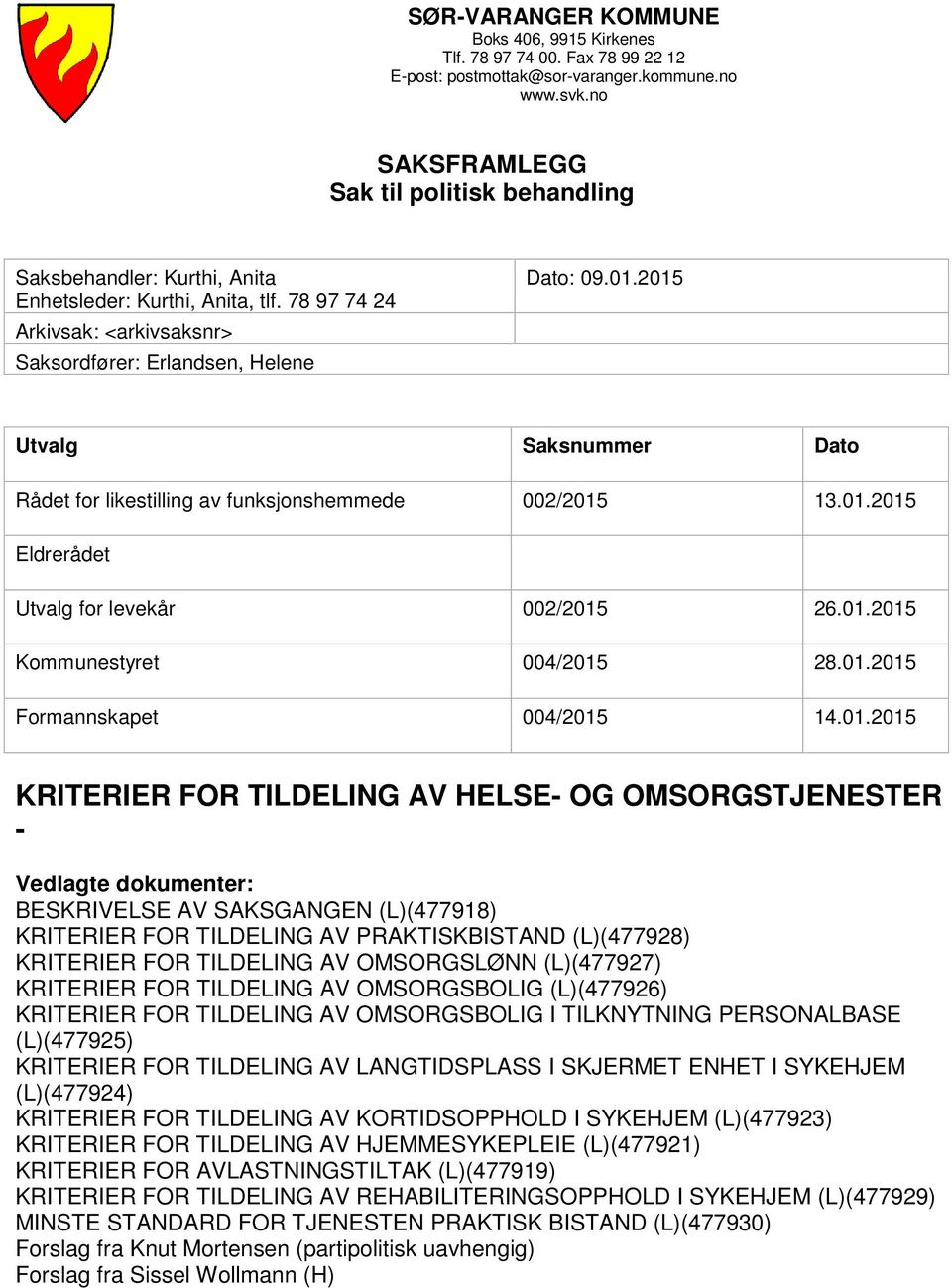 2015 Utvalg Saksnummer Dato Rådet for likestilling av funksjonshemmede 002/2015 13.01.2015 Eldrerådet Utvalg for levekår 002/2015 26.01.2015 Kommunestyret 004/2015 28.01.2015 Formannskapet 004/2015 14.