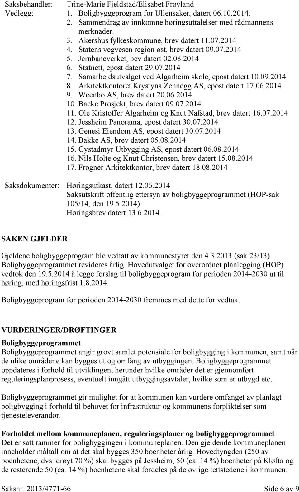 Samarbeidsutvalget ved Algarheim skole, epost datert 10.09.2014 8. Arkitektkontoret Krystyna Zennegg AS, epost datert 17.06.2014 9. Weenbo AS, brev datert 20.06.2014 10.