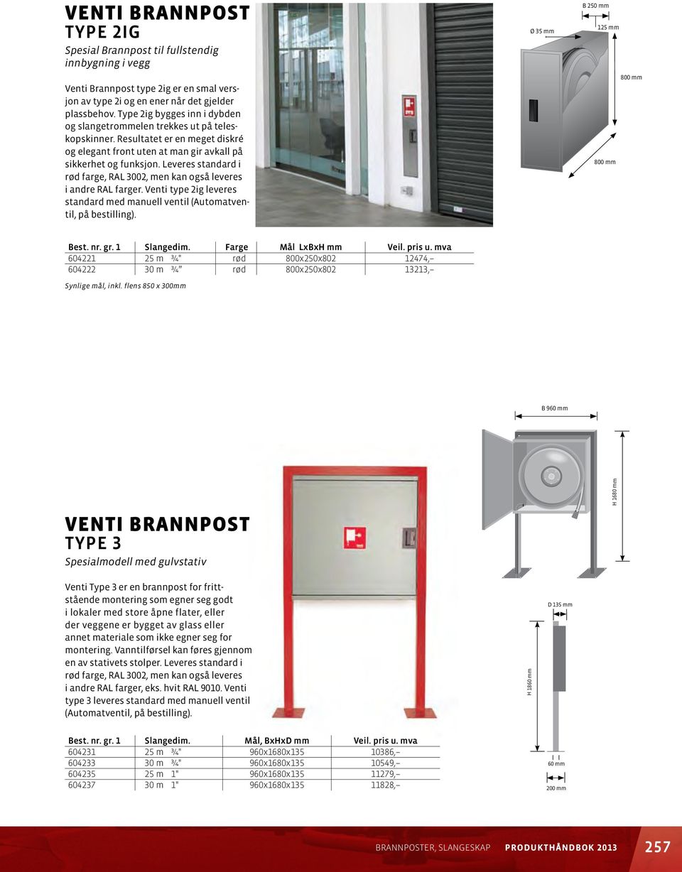 Leveres standard i rød farge, RAL 3002, men kan også leveres i andre RAL farger. Venti type 2ig leveres standard med manuell ventil (Automatventil, på bestilling).