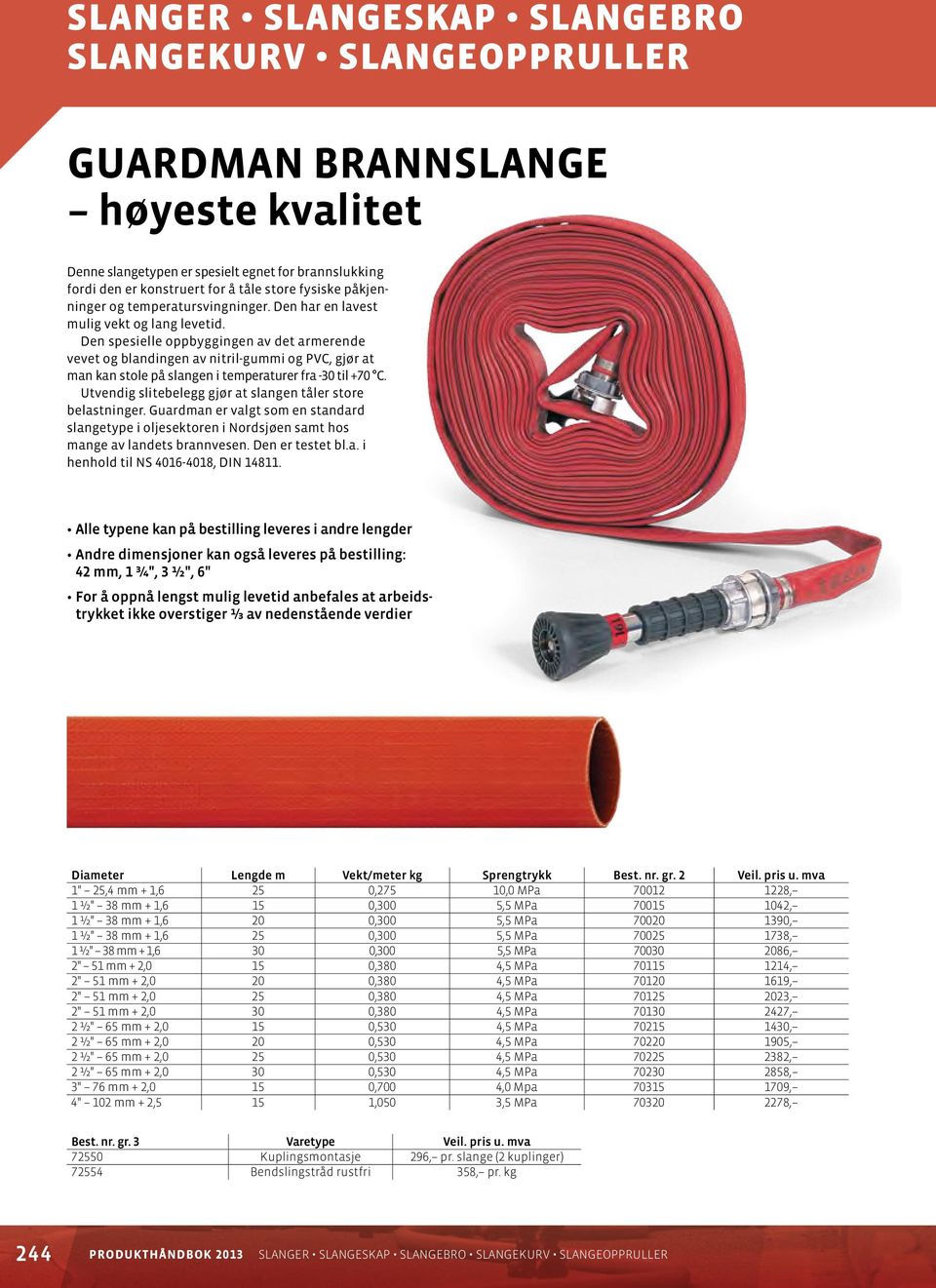 den spesielle oppbyggingen av det armerende vevet og blandingen av nitril-gummi og PVC, gjør at man kan stole på slangen i temperaturer fra -30 til +70 C.