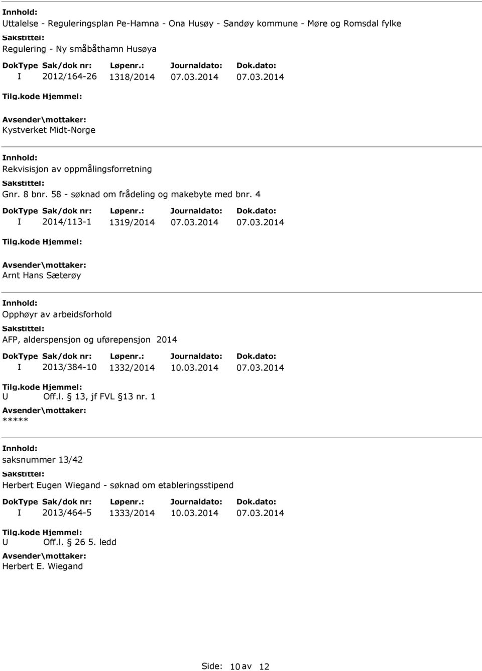 4 2014/113-1 1319/2014 Arnt Hans Sæterøy Opphøyr av arbeidsforhold AFP, alderspensjon og uførepensjon 2014 2013/384-10 1332/2014 *****