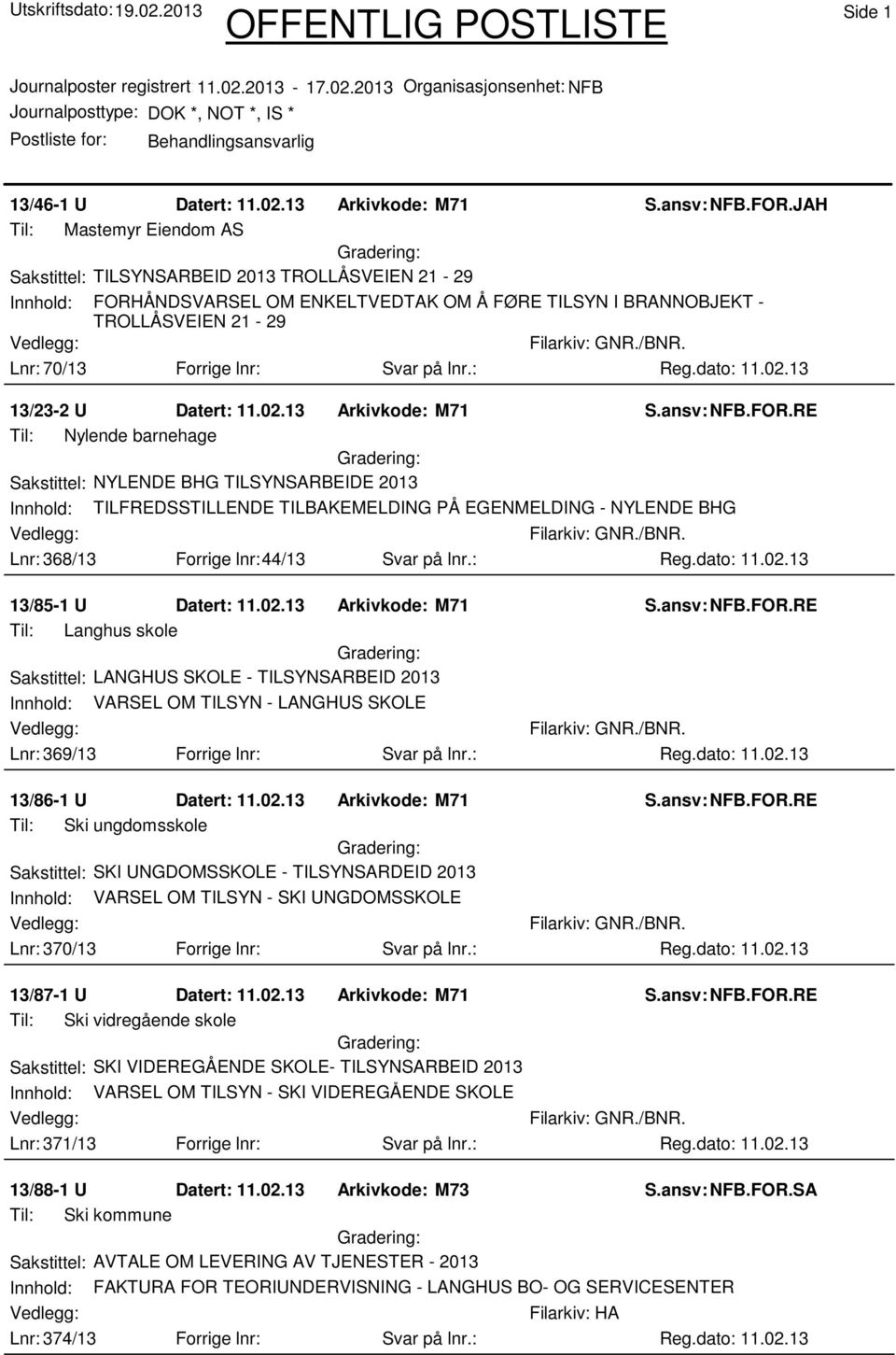 Forrige lnr: Svar på lnr.: Reg.dato: 11.02.13 13/23-2 U Datert: 11.02.13 Arkivkode: M71 S.ansv: NFB.FOR.