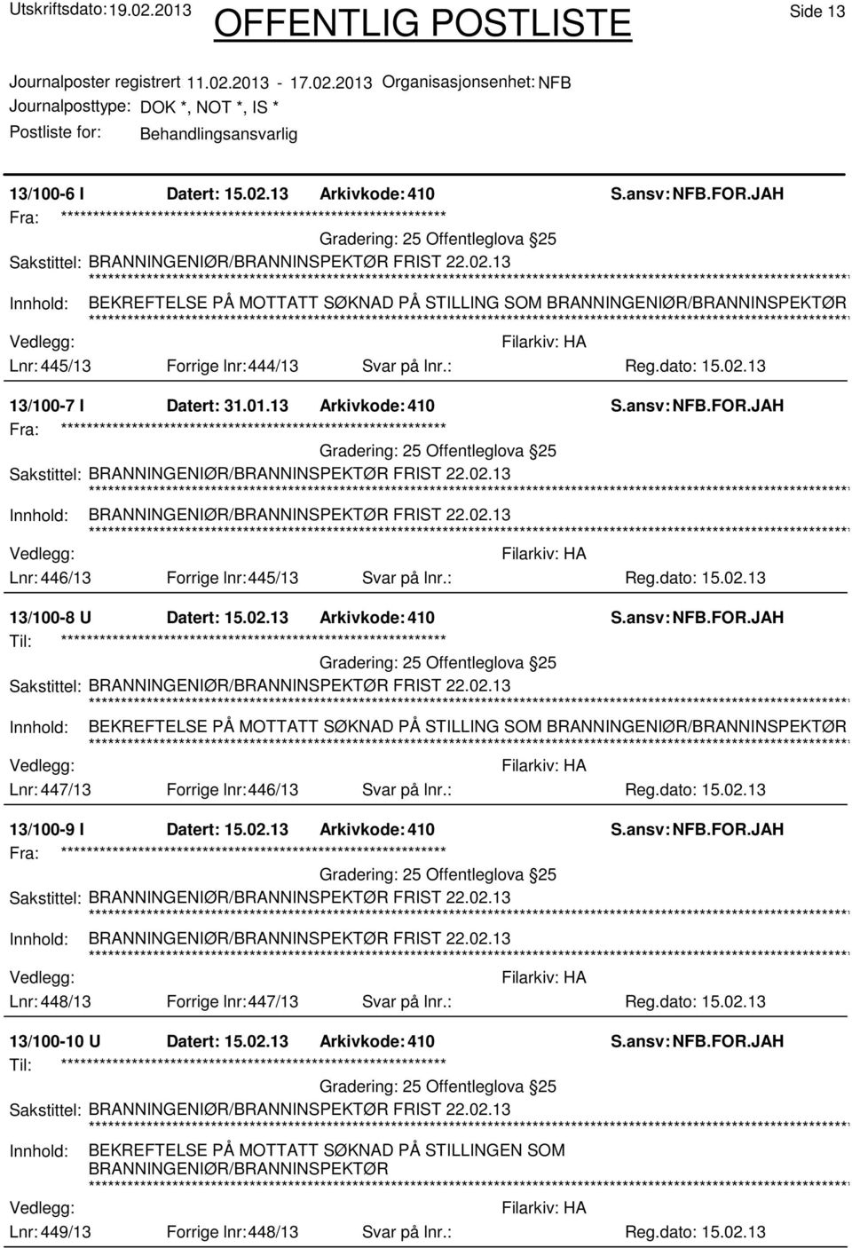 13 Lnr: 446/13 Forrige lnr:445/13 Svar på lnr.: 13/100-8 U Datert: 15.02.