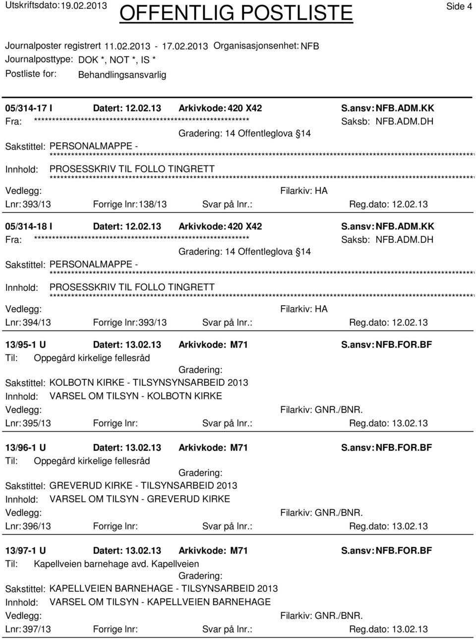 ansv: NFB.ADM.KK Saksb: NFB.ADM.DH 14 Offentleglova 14 Sakstittel: PERSONALMAPPE - Innhold: PROSESSKRIV TIL FOLLO TINGRETT Lnr: 394/13 Forrige lnr:393/13 Svar på lnr.: Reg.dato: 12.02.