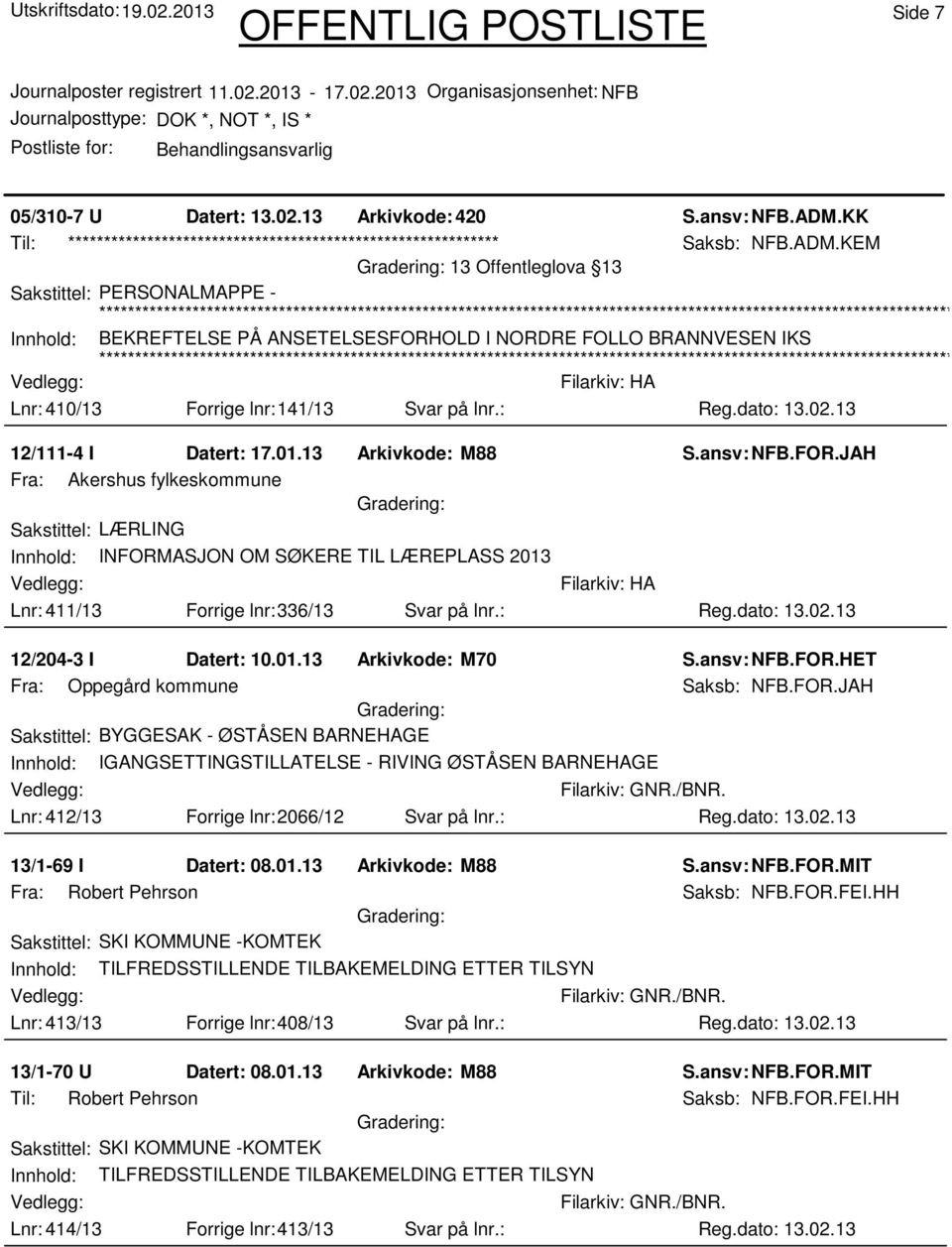 KEM 13 Offentleglova 13 Sakstittel: PERSONALMAPPE - Innhold: BEKREFTELSE PÅ ANSETELSESFORHOLD I NORDRE FOLLO BRANNVESEN IKS Lnr: 410/13 Forrige lnr:141/13 Svar på lnr.: 12/111-4 I Datert: 17.01.