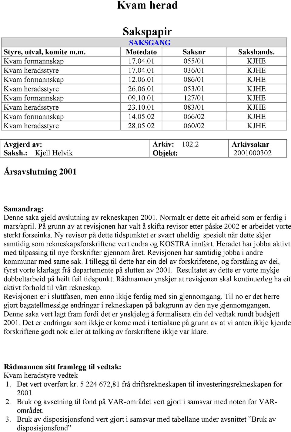 : Kjell Helvik Årsavslutning 2001 Arkiv: 102.2 Objekt: Arkivsaknr 2001000302 Samandrag: Denne saka gjeld avslutning av rekneskapen 2001. Normalt er dette eit arbeid som er ferdig i mars/april.