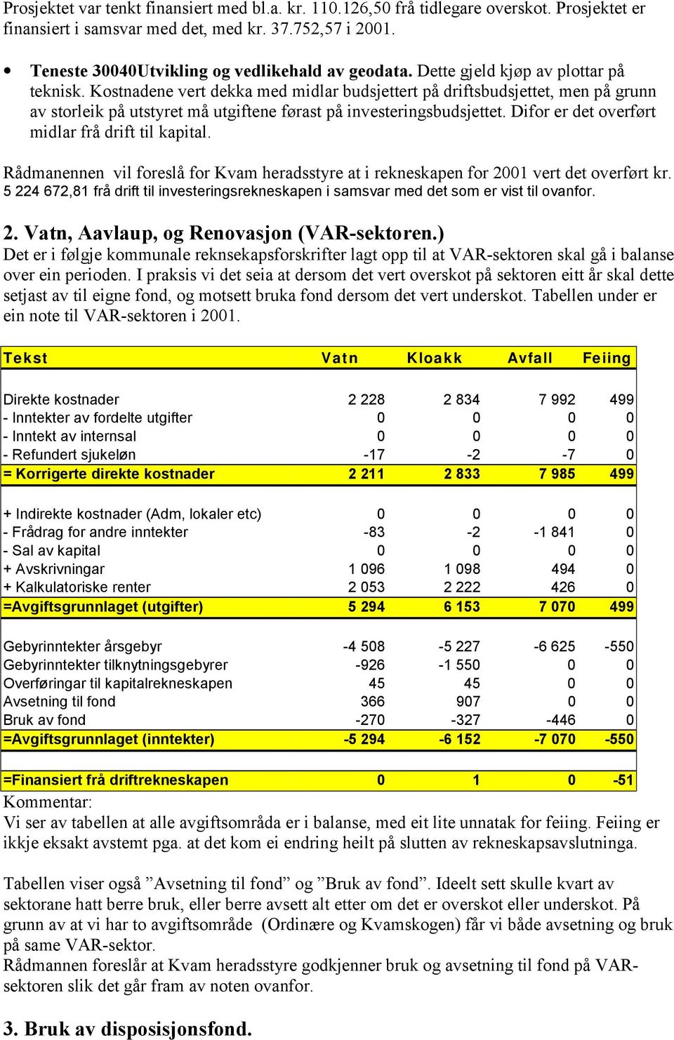 Difor er det overført midlar frå drift til kapital. Rådmanennen vil foreslå for Kvam heradsstyre at i rekneskapen for 2001 vert det overført kr.